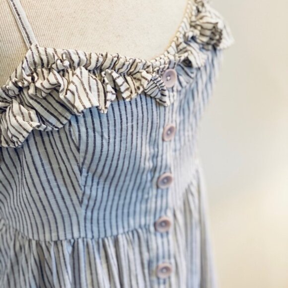 NEW** FRENCH CONNECTION - Button Front Midi Dress - Casual Chic | Stripe Ruffle - Picture 4 of 7